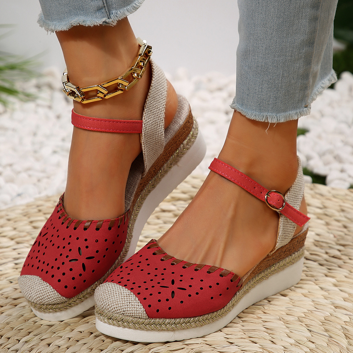 Cross-border trade large-sized color-blocked backheel sandals, wedge heels, lightweight hemp rope woven buckle women's shoes, thick soles, cool full figure