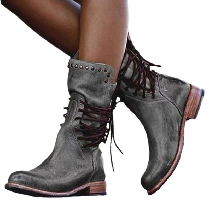 Women's mid-calf boots for export 2023 autumn/winter, European and American short boots, cross-border retro Martin boots, riveted plus-size women's boots Item Picture