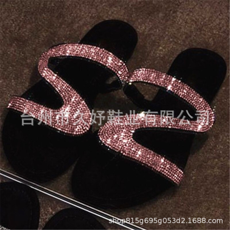 wish AliExpress's new large-sized water diamond flip-flops for women, European and American open-toe flat women details Picture