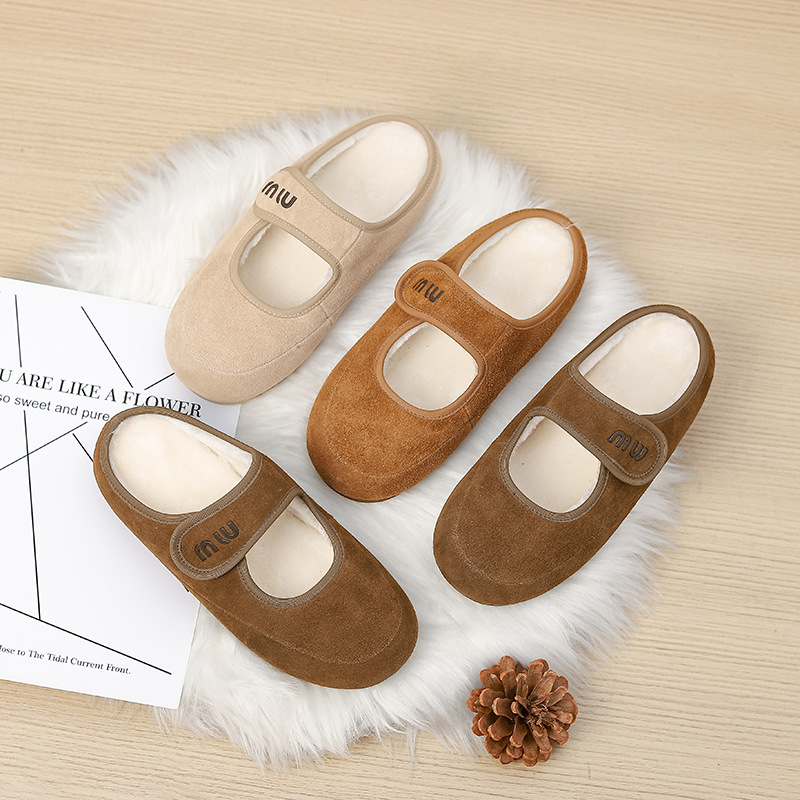 Grape Mom's large-sized inner height-increasing Velcro warm half-drag, ugly and cute wool Marizhen fur single shoes, autumn and winter cotton shoes full figure