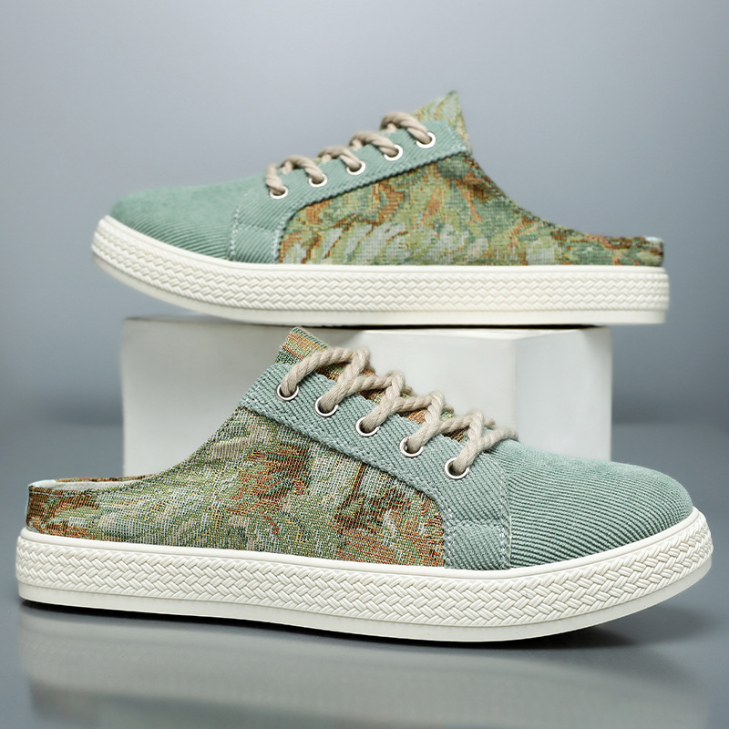 Men's shoes, half-slipper, printed trendy casual shoes, breathable and non-smelly, toe cap slippers, soft-soled comfortable sandals details Picture