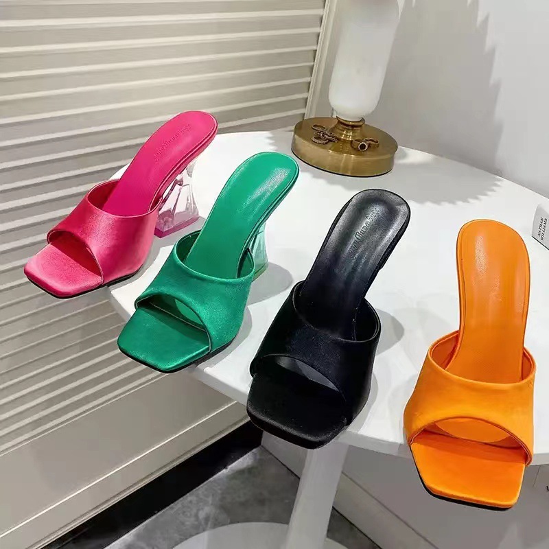 New foreign trade slippers for women 2024, European and American summer new high-heeled slippers, square-toed women's cool slippers, large size 40-43 full figure