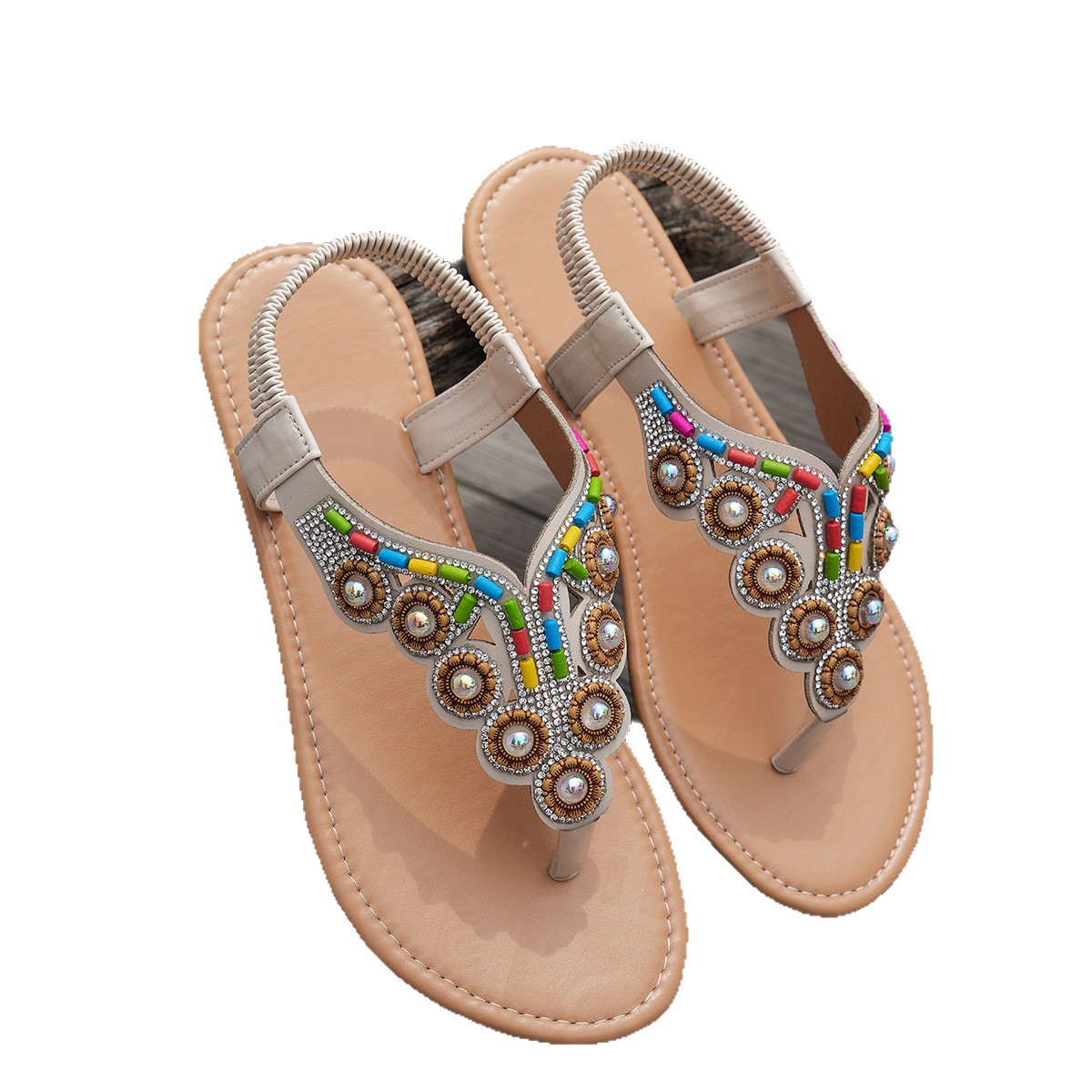 Summer 2025 Ethnic-style sandal women's cross-border Bohemian beach flat retro beaded plus-size women's shoes wholesale Item Picture