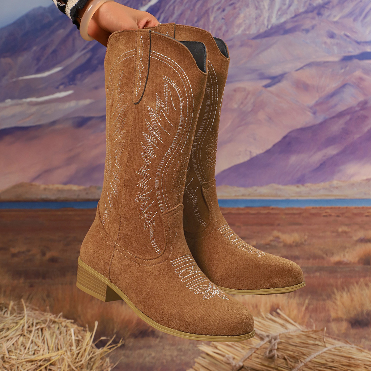 Wholesale of new cross-border large-sized retro embroidered V-neck Dr. Martens boots for women's autumn and winter, thick-heeled mid-calf western boots details Picture