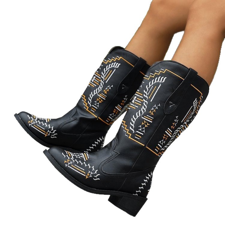 2025 New cross-border independent station European women's Martin shoes, short boots, western high-top pointed-toe embroidered retro leather boots Item Picture