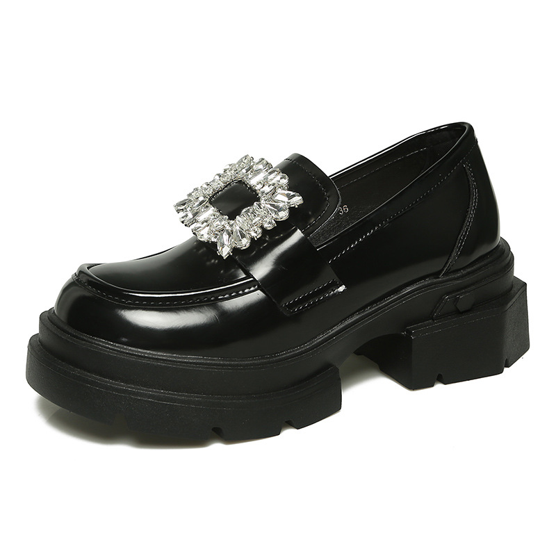 studiolee French diamond-encrusted square buckle thick-heeled, thick-soled, height-increasing black loafers for women in autumn and winter Item Picture