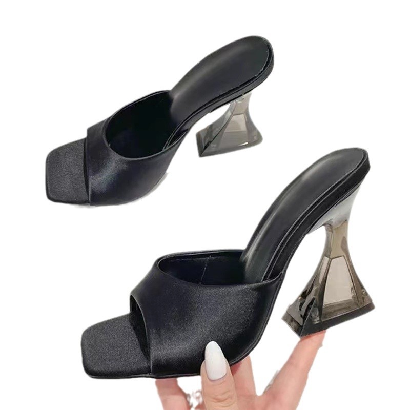 New foreign trade slippers for women 2024, European and American summer new high-heeled slippers, square-toed women's cool slippers, large size 40-43 Item Picture