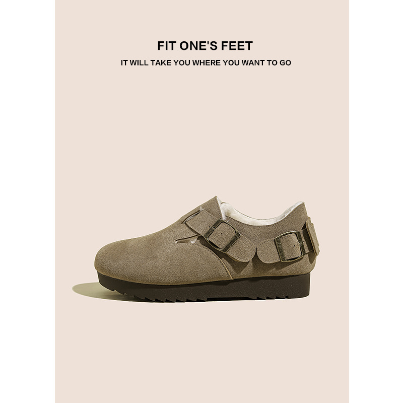 Retro fleece round toe thick-soled Boken women's 2024 autumn/winter new soft leather furry shoes and bean shoes for outerwear wholesale Application Scenario