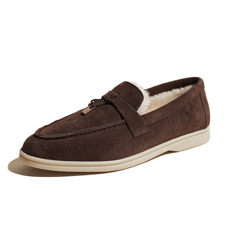 Women's outerwear casual bean shoes, matte leather, British style, European and American burst genuine leather with fleece, warm LP loafers Item Picture