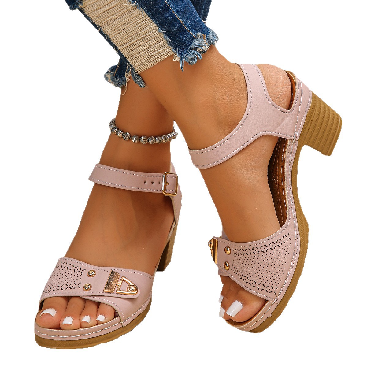 Chunky-heeled sandals for women's summer 2025 new style, versatile, fashionable and comfortable, cake-heeled shoes, thick-soled high-heeled fish-mouth women's shoes wholesale Item Picture