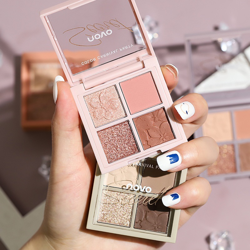 NOVO manufacturer's four-color eyeshadow palette for female students, live-streaming influencers, pearlescent earth tones, wholesale for beginners details Picture
