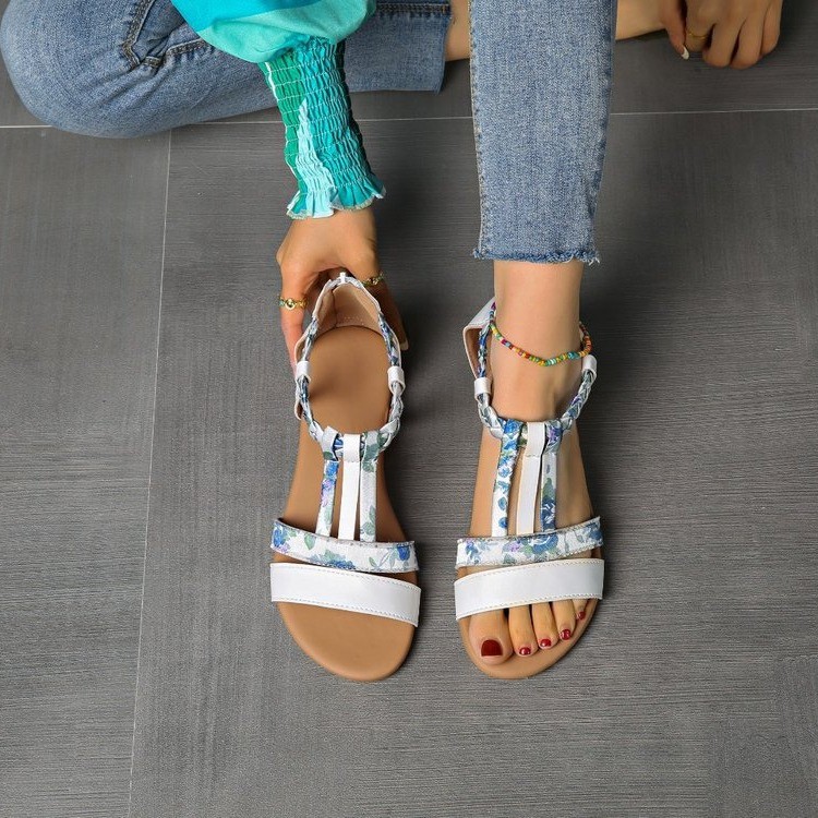 Summer's new fashionable fish-mouth flat back zipper casual large-sized Bohemian printed Roman sandals details Picture