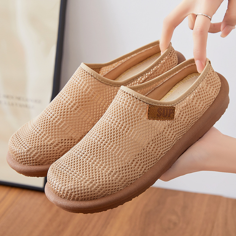 Women's shoes, versatile slippers, casual shoes, breathable one-step shoes with toe caps and half-support nets, fashionable and simple, lazy shoes full figure