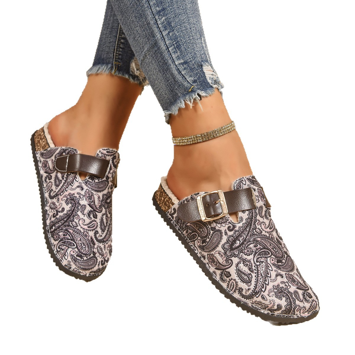 Cross-border large-sized European and American style with cotton-padded toe slippers for women, new autumn 2025, flat bottom printed Roman style Item Picture