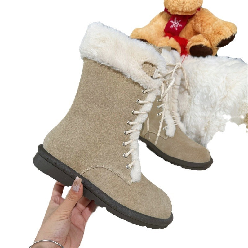 New vintage thick-soled fleece riding boots made of full leather with insole height increase, warm mid-calf Martens laced fur snow boots Item Picture