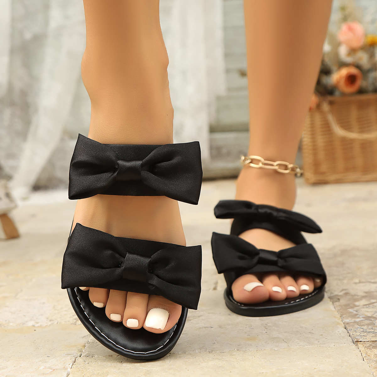 One-line bow flat slippers for women 2025 Summer new Korean style large-sized casual outdoor beach cool slippers for women Specification drawing
