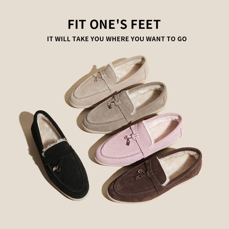 Women's outerwear casual bean shoes, matte leather, British style, European and American burst genuine leather with fleece, warm LP loafers full figure