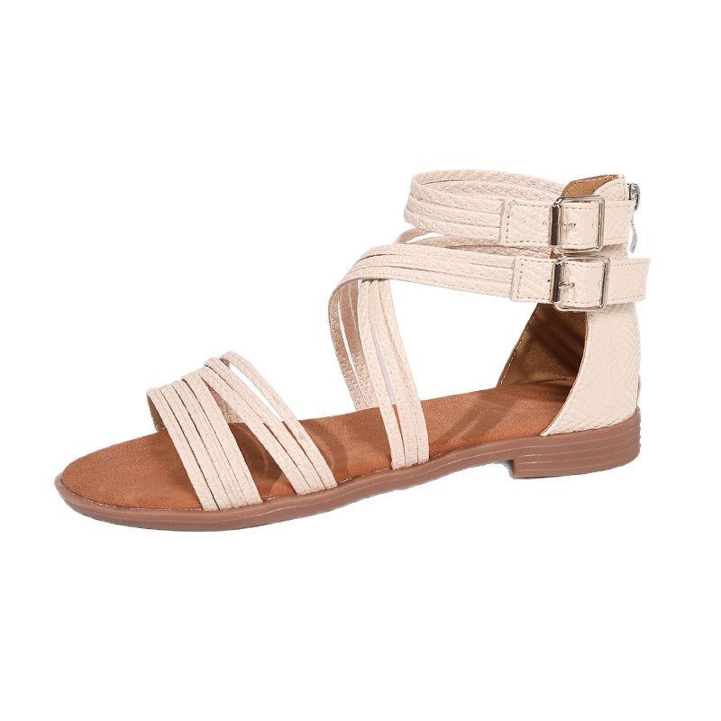 New women's summer sandals with a back zipper, casual, flat, breathable, beach vacation Roman sandals, size 43 Item Picture