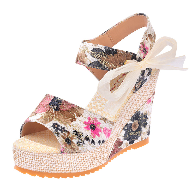 New Bohemian women's summer casual sandals with ultra-high heels, floral wedge heels, tie and bow soles full figure