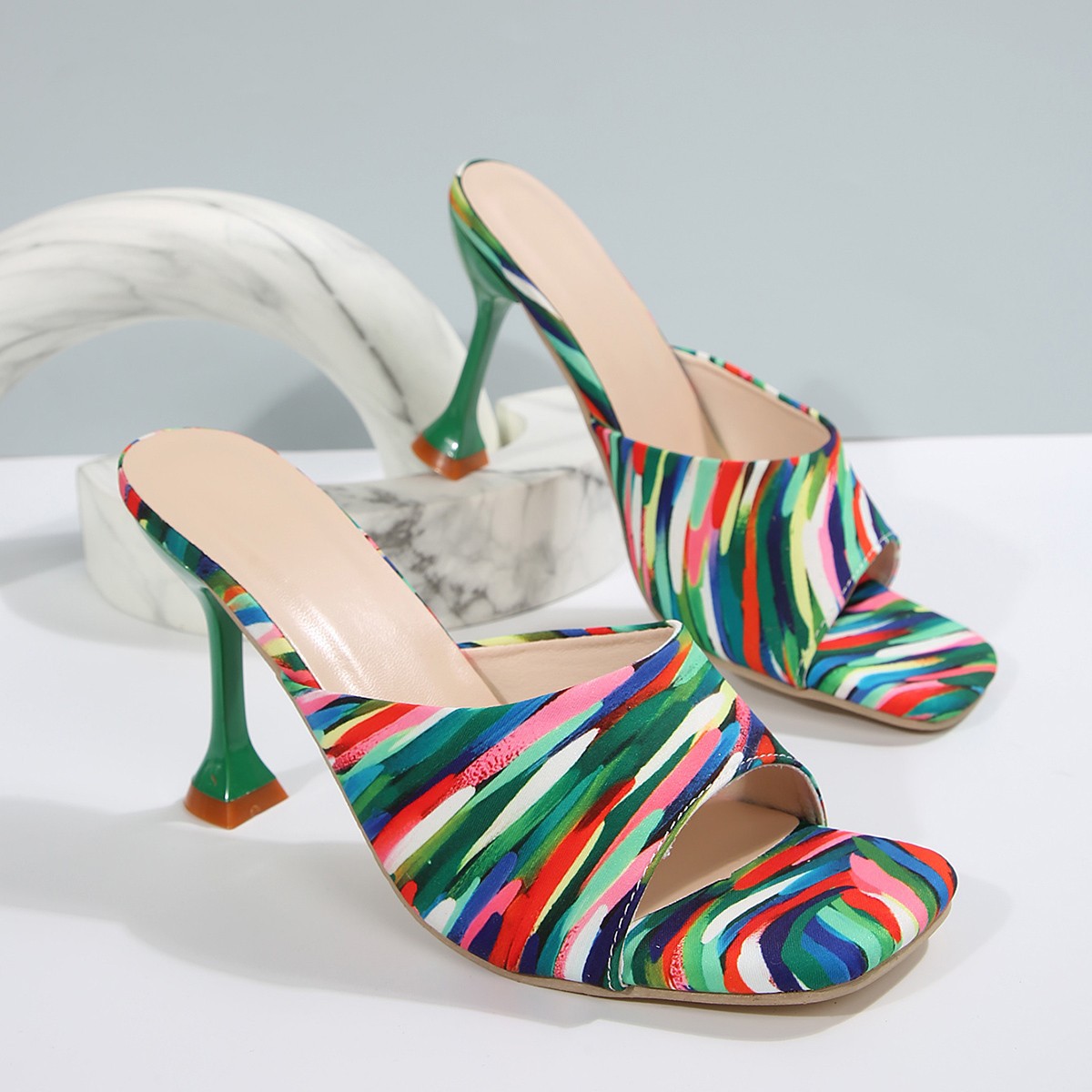 Cross-border summer European and American new fashionable square-toed, colorful thin-heeled sexy sandals for outerwear and photo shoot, cool slippers for women details Picture