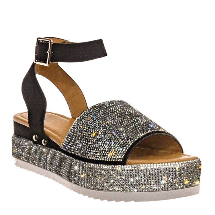 European and American large-sized 2021 summer new water diamond one-shoulder buckle cake women's shoes, fashionable thick-soled sandals for women Item Picture