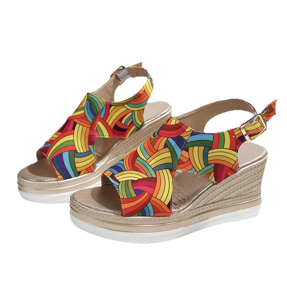 2025 Summer cross-border new large-sized women's shoes 40-43, European and American fashionable colorful wedge heel beach sandals Item Picture
