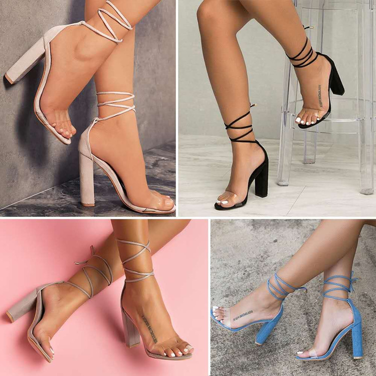 Cross-border Summer New Style 2025 European and American fashion cross-laced high-heeled sandals for women, transparent open-toe plus-size sandals Application Scenario