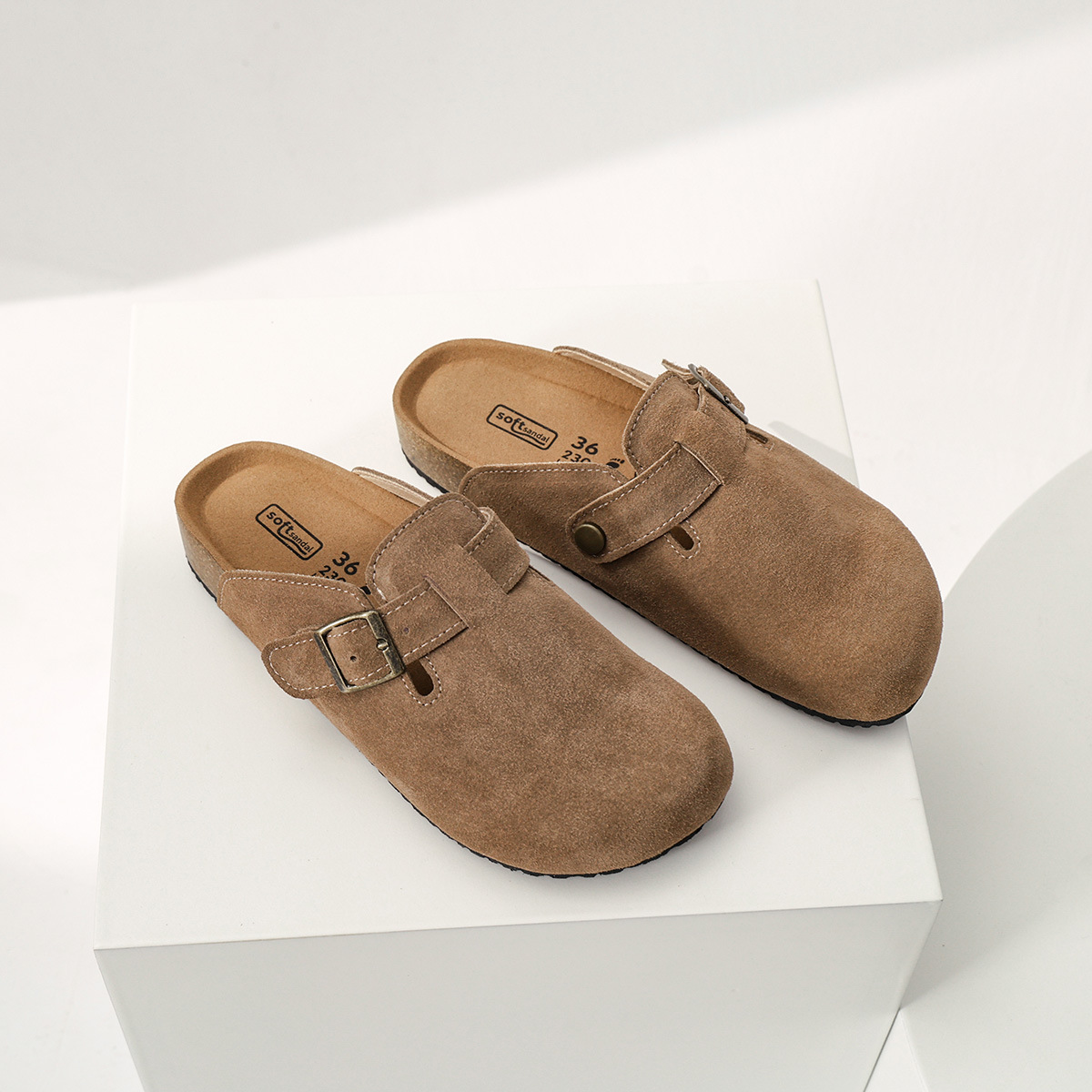 Boken women's shoes, cork inner height-increasing thick-soled slippers, all-leather flat fishing shoes, Boken shoes, toe caps, cotton shoes, half slippers Specification drawing