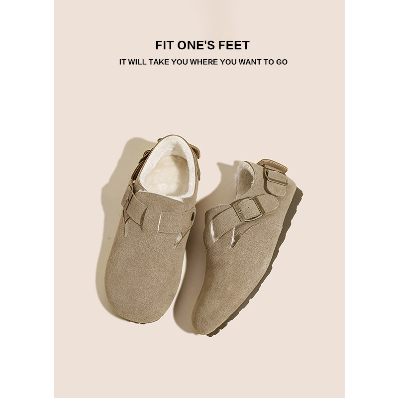 Large-sized Burken shoes with fleece and thickened leather, soft-soled big-headed shoes for women, new winter snow boots, fleece warm cotton shoes Specification drawing