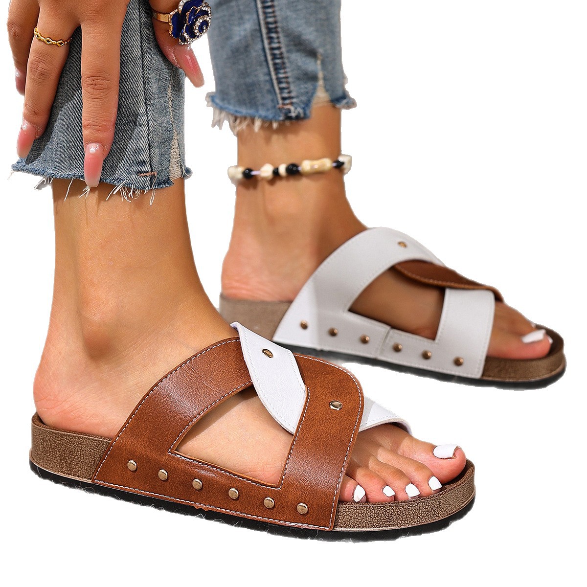 European and American foreign trade large size multi-color thick-soled slippers for women 2025 riveted one-line cross beach cool slippers slippers Item Picture