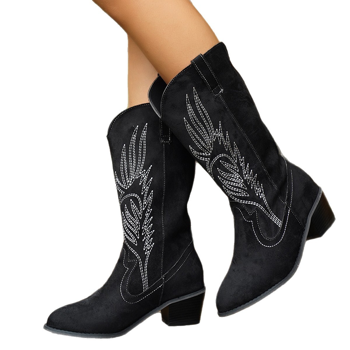 2025 Western Denim embroidered boots for Women, a new style of thick-heeled pointed-toe embroidered mid-calf plus-size fashion boots from Europe and America Item Picture
