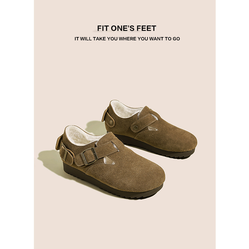 Retro fleece round toe thick-soled Boken women's 2024 autumn/winter new soft leather furry shoes and bean shoes for outerwear wholesale full figure