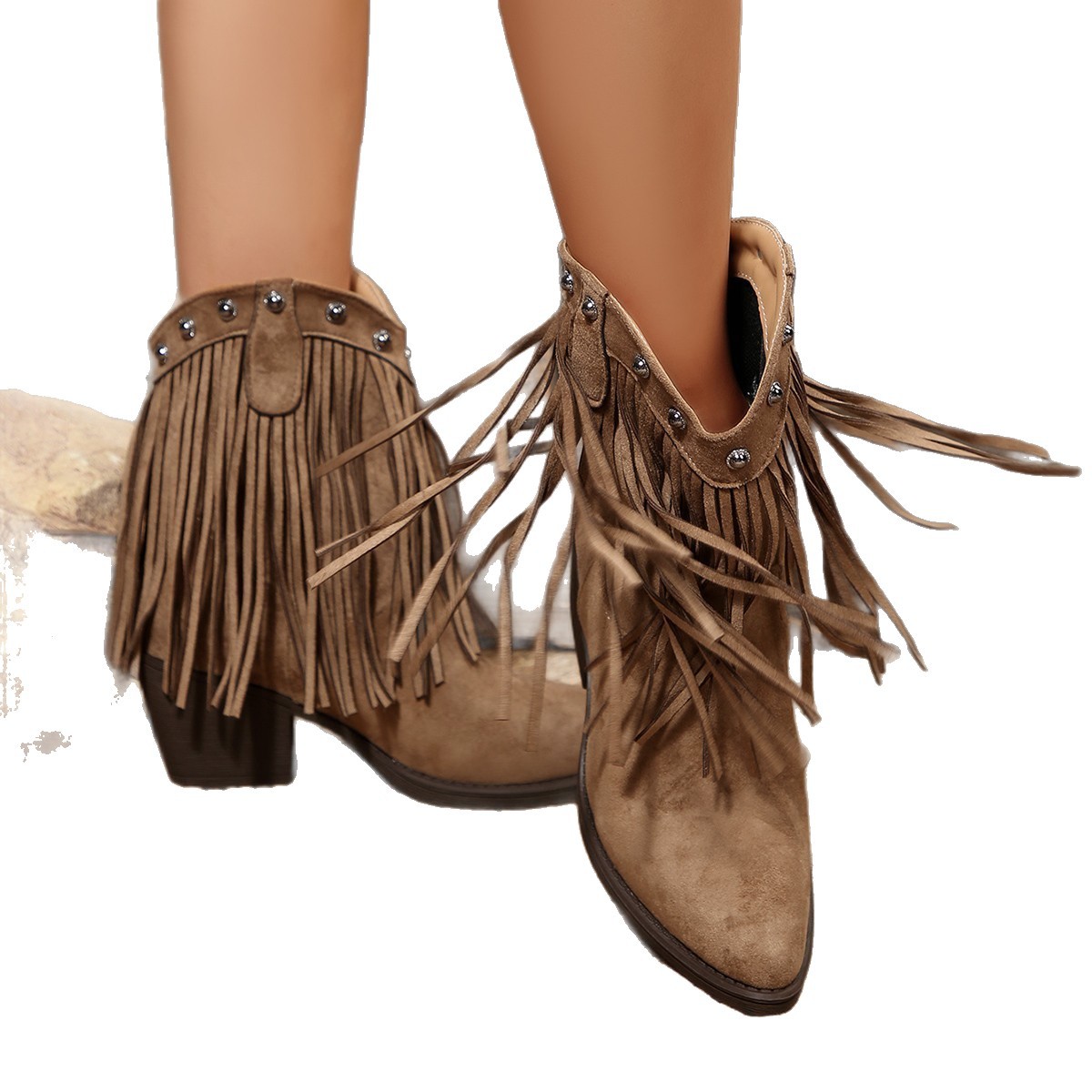 European and American plus-size boot women's 2025 autumn/winter new rivet western thick-heeled fringed boots cross-border export pointed ankle boots Item Picture