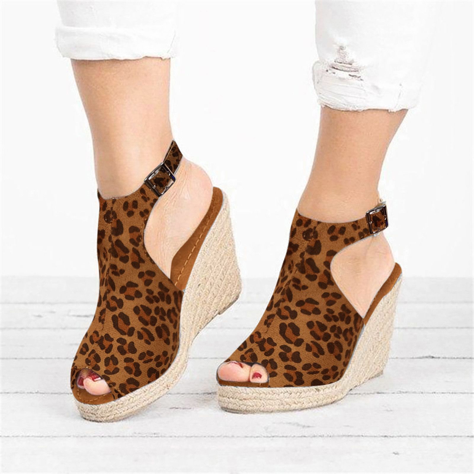 Cross-border trade large-sized women's sandals, thick-soled wedge heel fish-mouth sandals, women's one-shoulder buckle with suede, fashionable and casual sandals Specification drawing