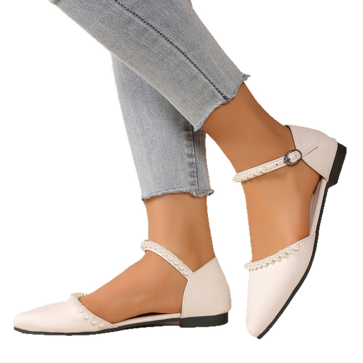 Women's 2025 Spring new style of flip-flops, a summer fairy style French pearl pointed-toe flat skirt Item Picture