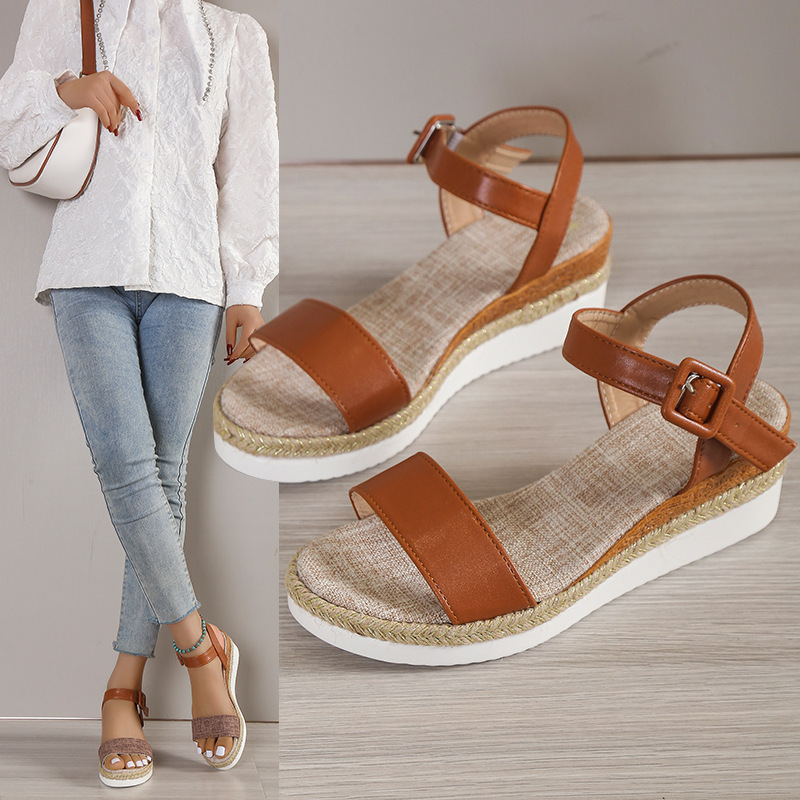 Large-sized thick-soled, hollowed-out wedge heel, retro Roman sandals woven with hemp rope, round-toed, caked-soled, one-shoulder buckle shoes for foreign trade details Picture