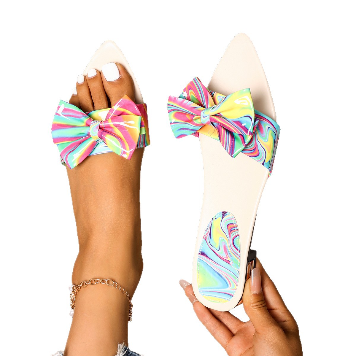 2025 New European and American fashion bow flat sandals, flat-bottomed, pointed, colorful flip-flops, size 36-43 Item Picture