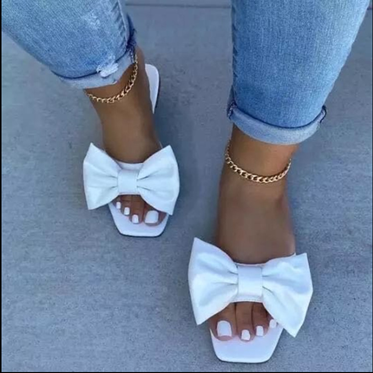 2022 Summer cross-border large-sized export women's flip-flops with bow, square head and one-line beach shoes details Picture