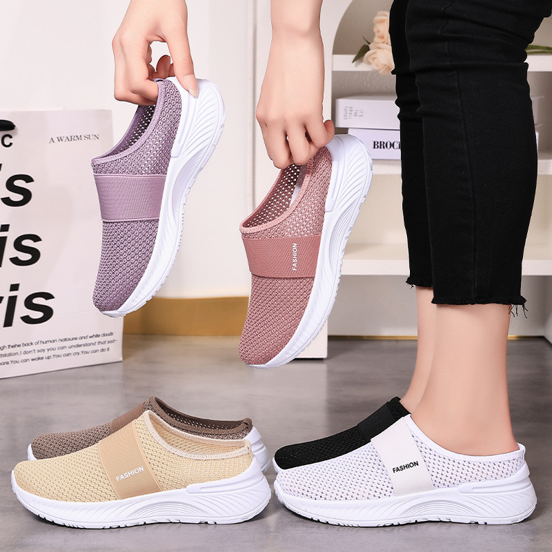 Women's cross-border large-sized women's shoes, shoes with toe caps, semi-flat shoes, woven breathable casual shoes, slippers, single shoes Application Scenario