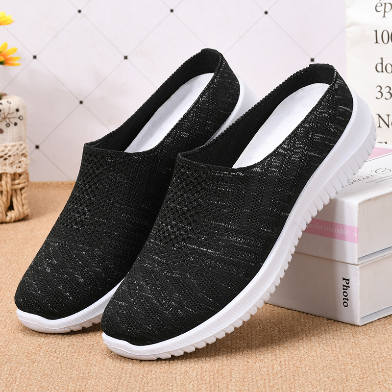 New women's slippers, one-step flip-top, half-drag, breathable flying woven shoes, soft-soled casual shoes, not tiring to the feet, mom shoes details Picture