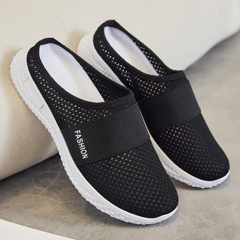 Women's cross-border trade shoes, casual shoes, woven breathable flat shoes, toe caps, half slippers, solid color, versatile single shoes full figure