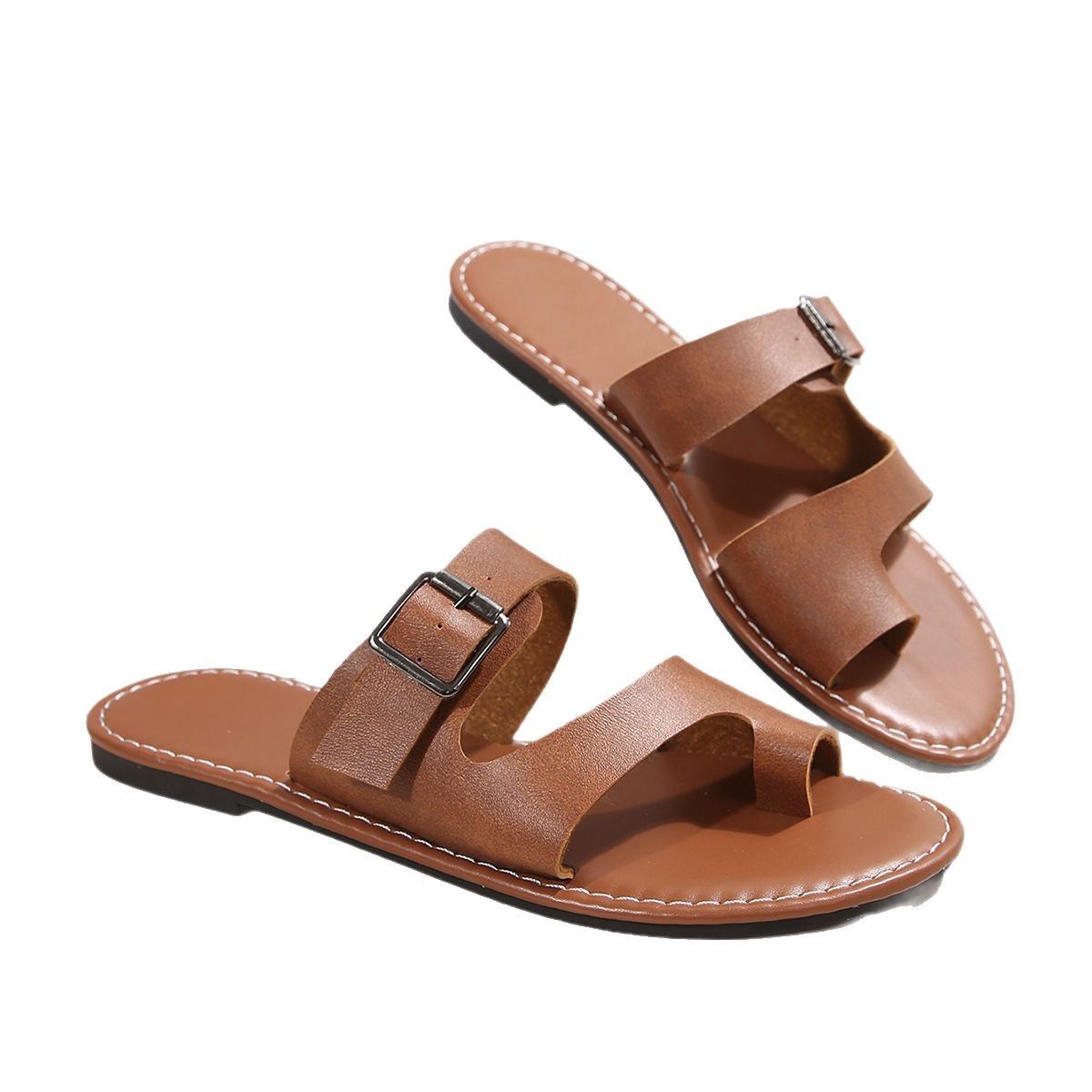 Toe flip-flops in stock, one-line flat 43-size women's shoes for export, 2025, independent station in Europe and America, belt buckle, beach cool Item Picture