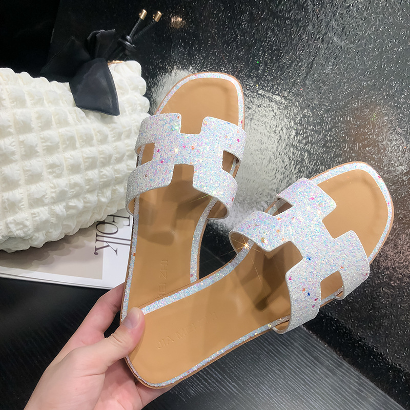 2023 in-stock wholesale new summer sparkling slippers for women, versatile and fashionable flip-flops, beach cool slippers for women details Picture