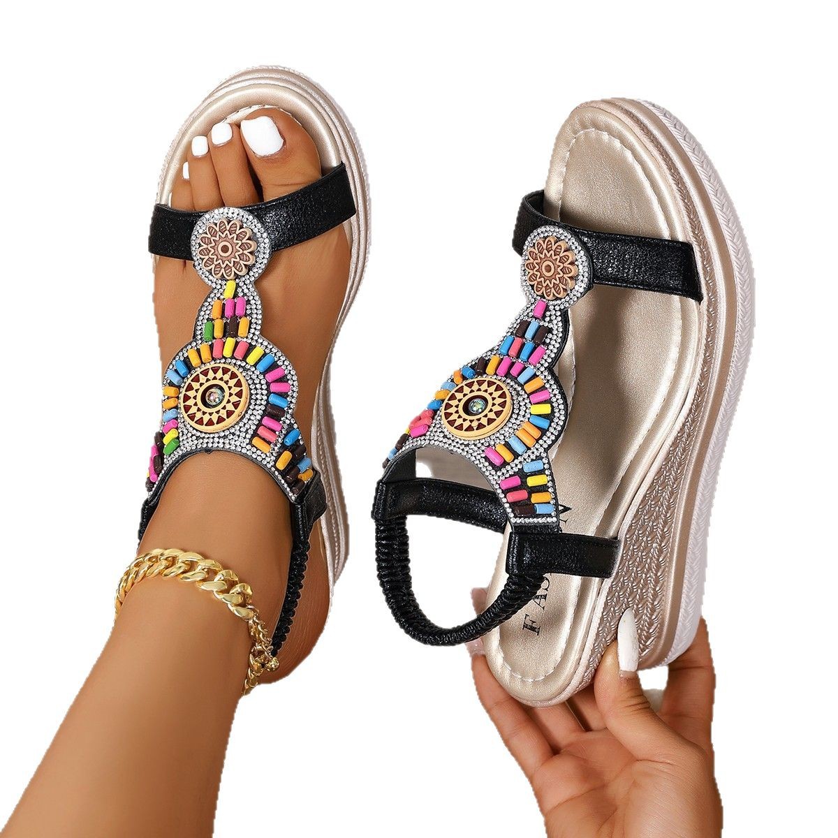 Bohemian beaded thick-soled sandals for women 2025 summer new cross-border trade large-sized sandals for women to wear lightly outside Item Picture