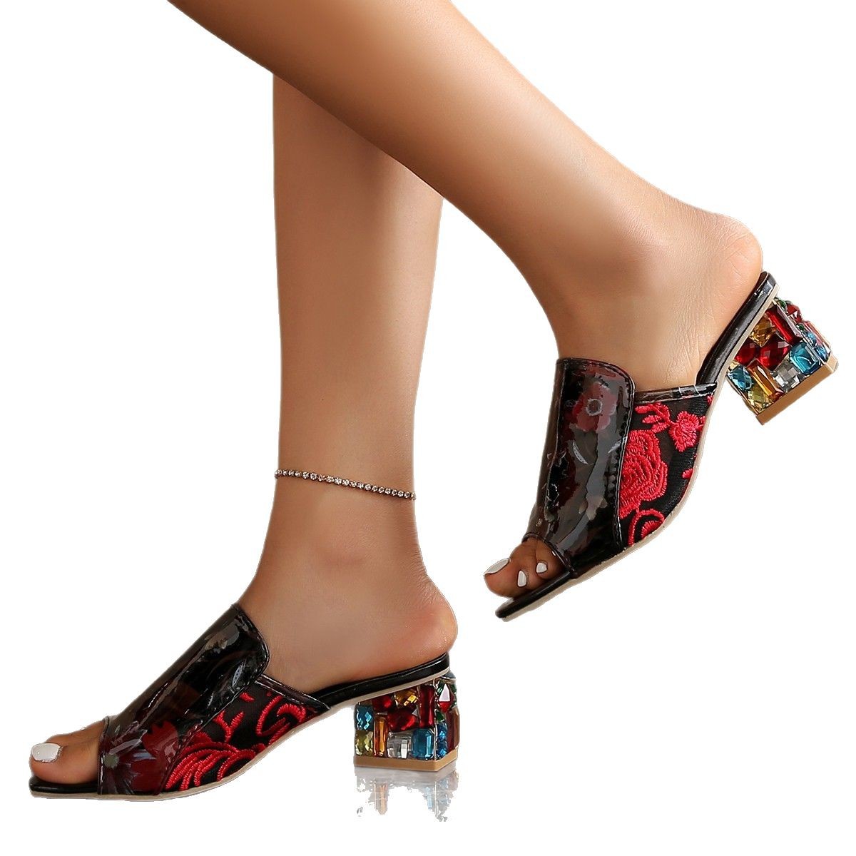 European and American large-sized open-toe women's shoes with thick heels and flip-flops, candy-colored and elegant mid-heeled flip-flops Item Picture