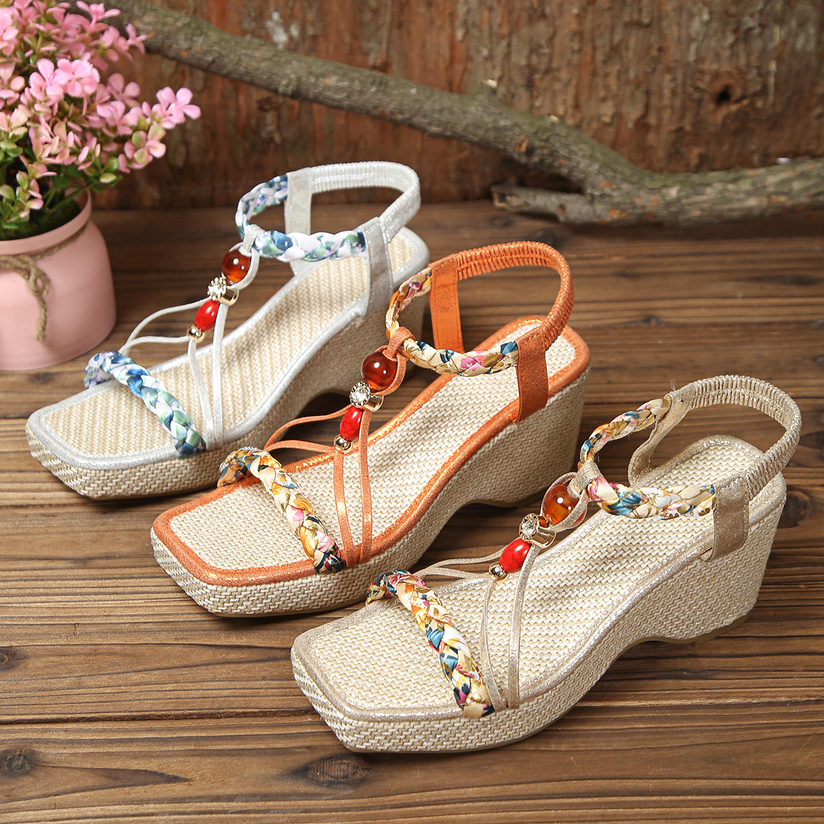 Summer beaded wedge heel sandals Cross-border 2025 new style export cake Bohemian Roman sandals women's woven full figure