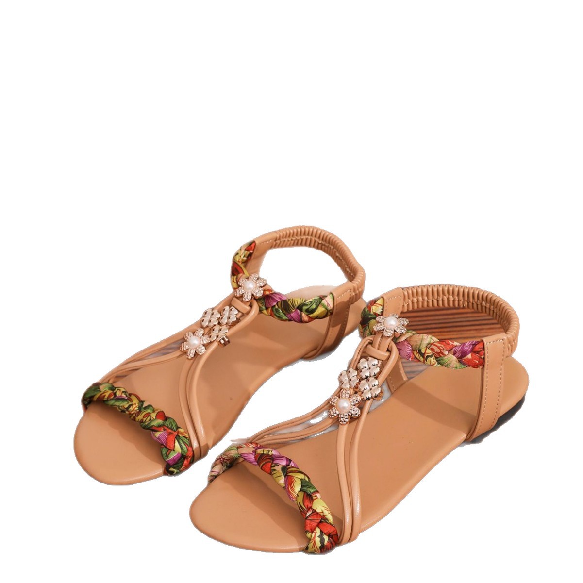 European and American cross-border large-sized 2025 fashion sandals for women, Bohemian style, metal color block, tight band, open-toe beach shoes, loose Item Picture