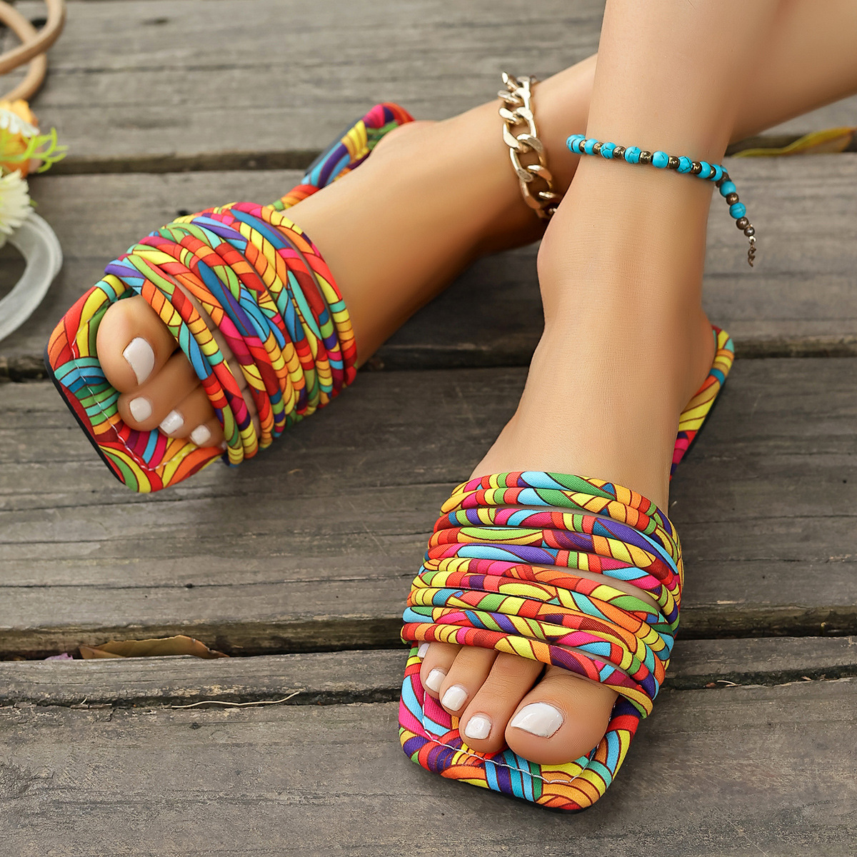 European and American export large-sized patterned thin-band flat slippers for women to wear when traveling abroad, one-piece lightweight beach sandals ebay Specification drawing