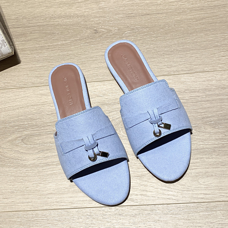 In 2023, LP flat-bottomed outerwear with cowhide suede, half-length flip-flops, retro lazy style, toe-exposed one-shoulder cool flip-flops, popular and comfortable large size Specification drawing