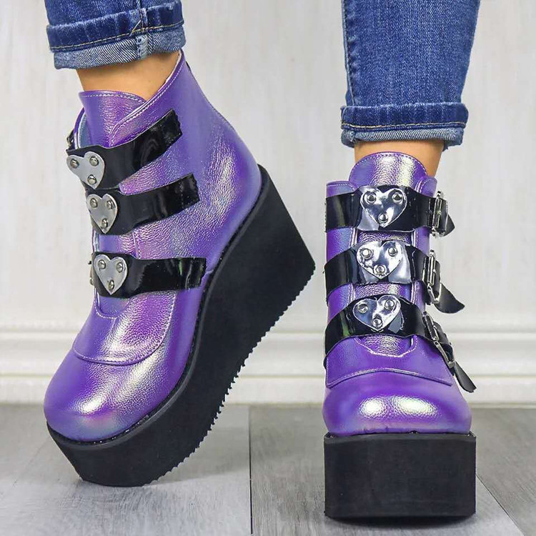 New 2020 Amazon foreign trade large-sized high-heeled matte boots, women's boots with belt buckle and wedge heels Specification drawing